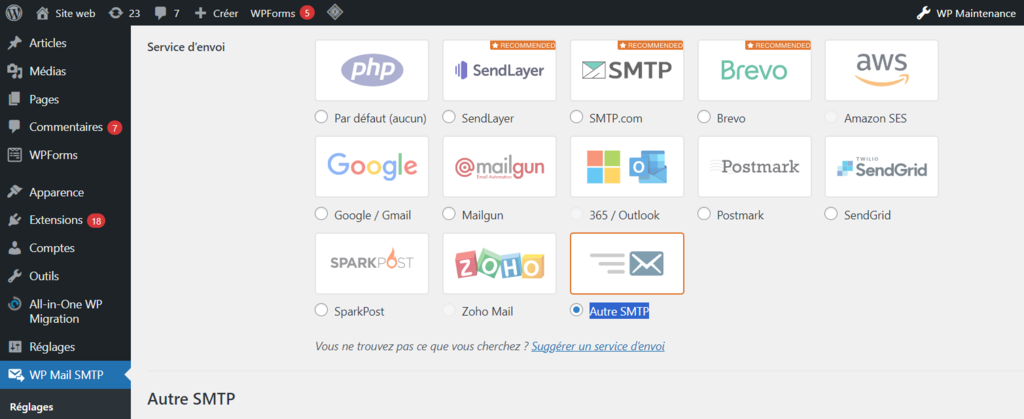 Param&egrave;tres de WP Mail SMTP avec Autre SMTP coch&eacute; dans la section Service d&rsquo;envoi
