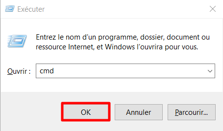 La fenêtre Exécuter avec cmd tapé dans le champ et OK surligné
