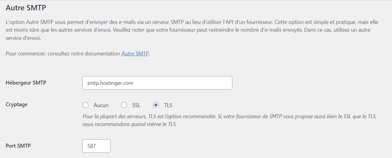 La section Autre SMTP avec hébergeurs SMTP, cryptage TLS et port SMTP remplis
