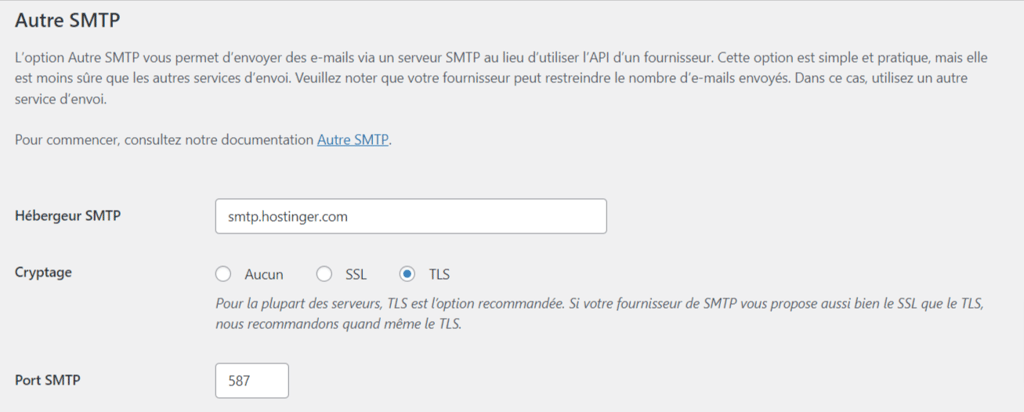 La section Autre SMTP avec h&eacute;bergeurs SMTP, cryptage TLS et port SMTP remplis