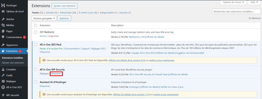 La section Extensions de WordPress avec le lien D&eacute;sactiver mis en &eacute;vidence sous un plugin de s&eacute;curit&eacute;.		