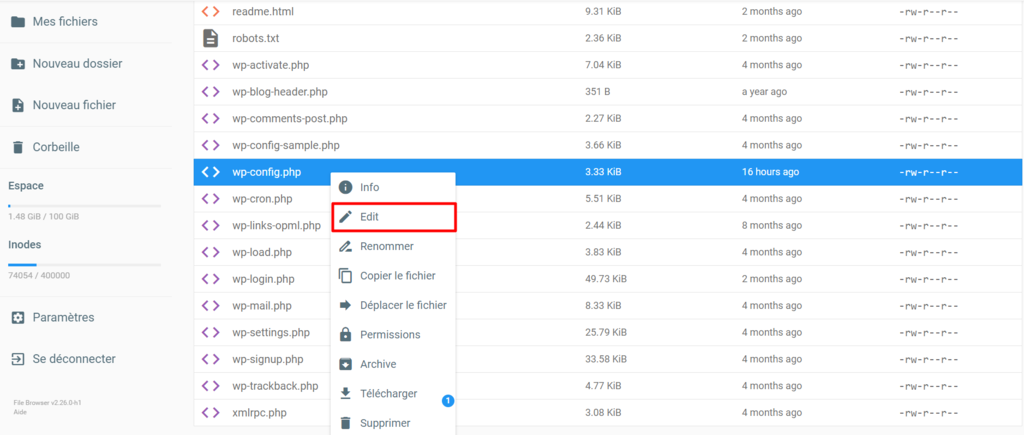 Le gestionnaire de fichiers de hPanel avec le bouton d'édition du fichier wp-config.php en surbrillance.