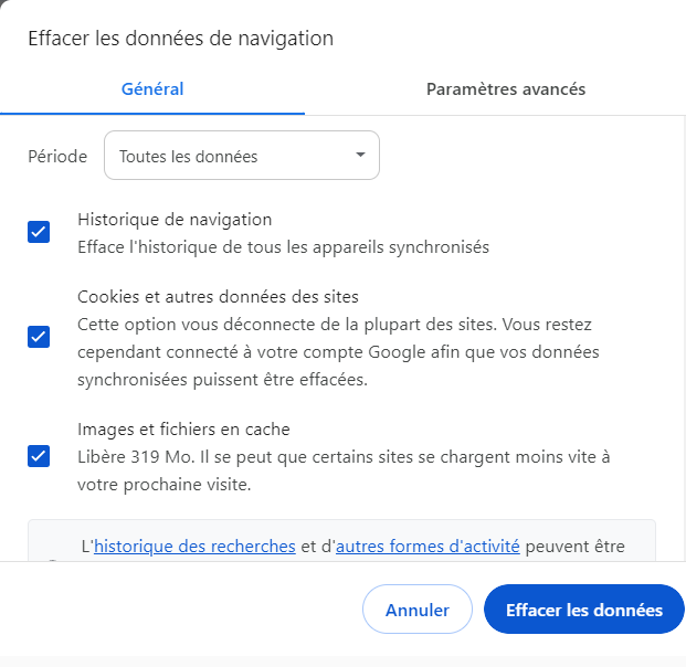 Paramètres d'effacement des données de navigation dans Google Chrome.