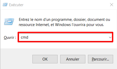 La fenêtre Exécuter avec cmd tapé dans le champ et surligné