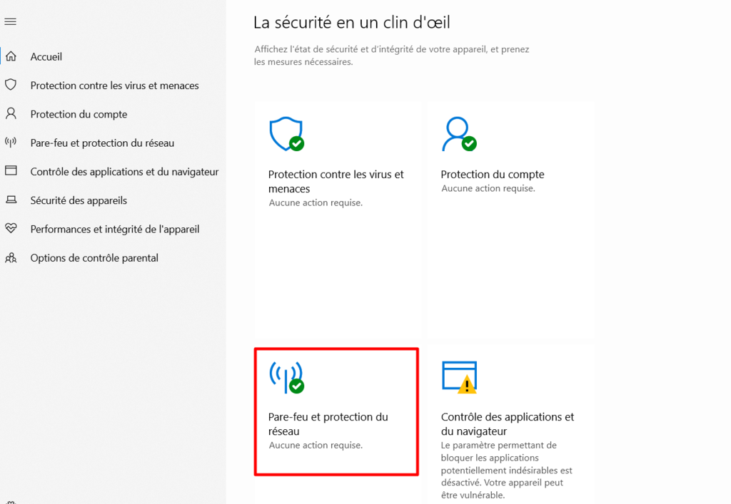 Pare-feu et protection du r&eacute;seau sous S&eacute;curit&eacute; Windows
