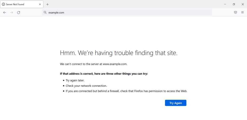 L'erreur DNS_PROBE_FINISHED_NXDOMAIN sur Mozilla Firefox.