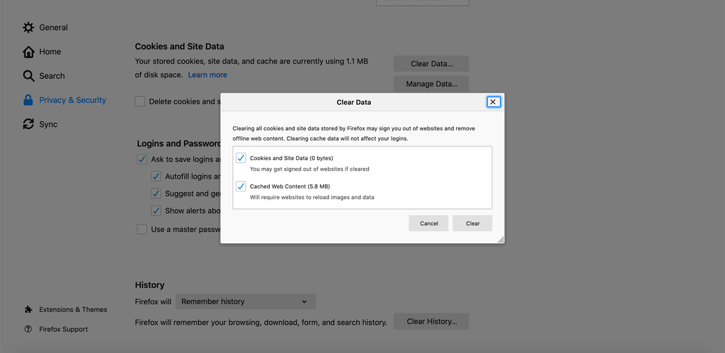 Effacer l'historique de navigation et les images en cache sur Mozilla.