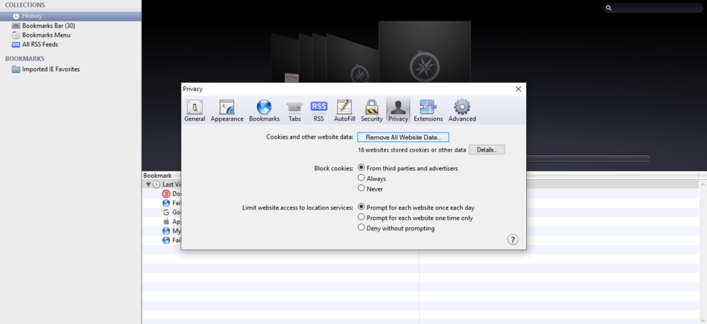 Effacer l'historique de navigation et les images en cache sur Safari.
