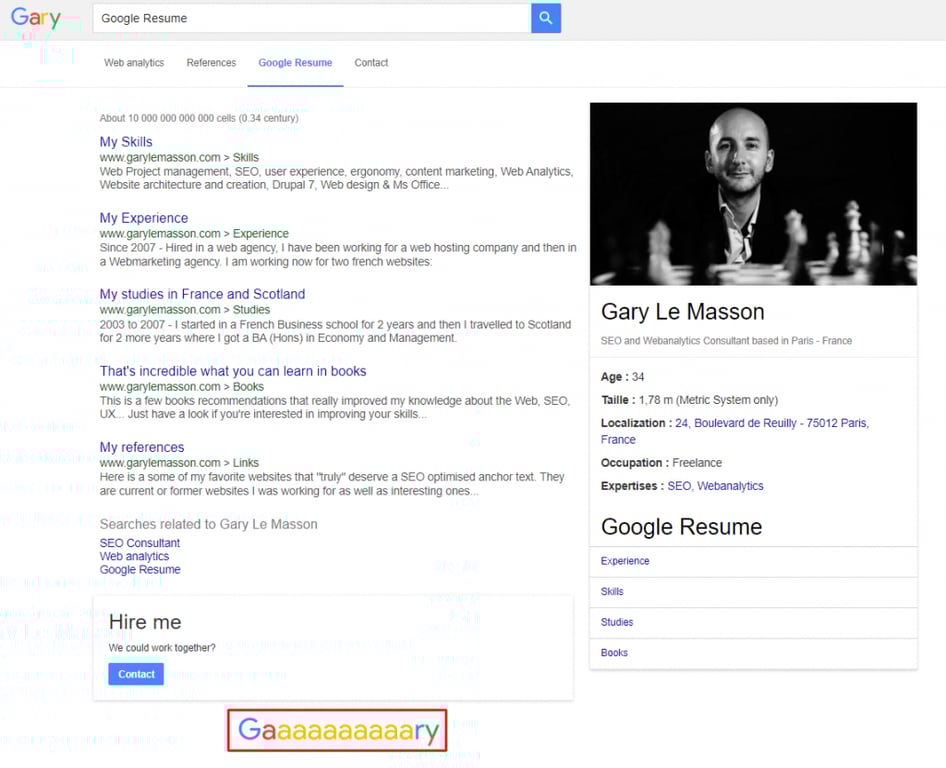 Page de CV de Gary Le Masson, inspirée des résultats de recherche de Google