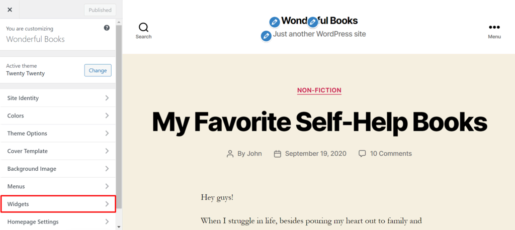 Le menu des widgets dans le personnalisateur de WordPress