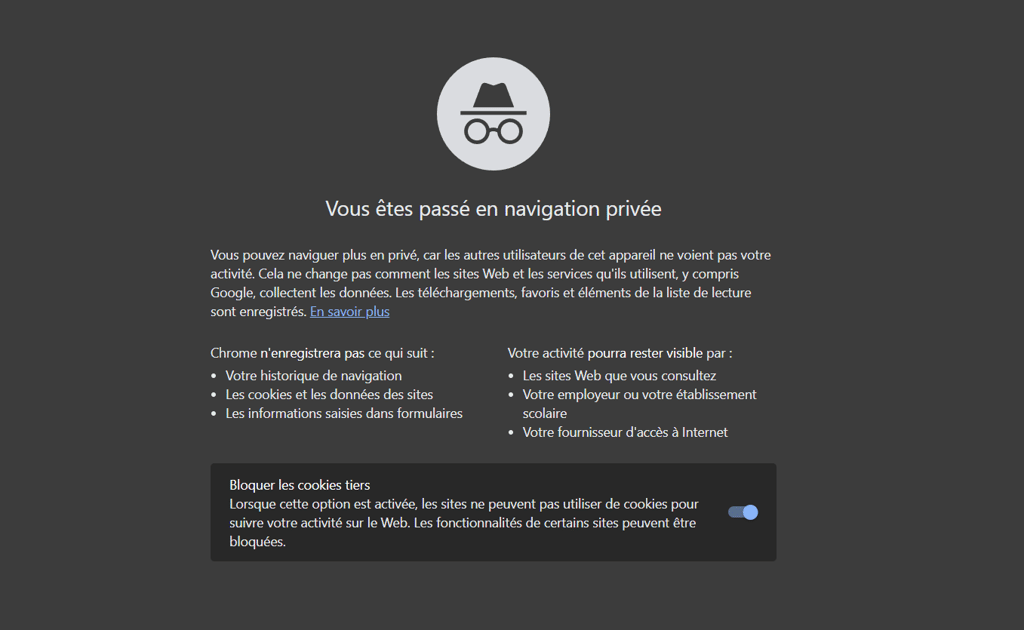 Une session de navigation priv&eacute;e dans le navigateur Google Chrome