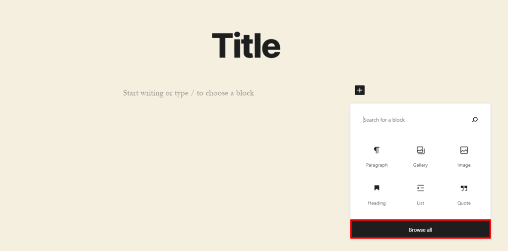 Le popup pour ajouter des blocs dans Gutenberg, mettant en évidence l'option Parcourir tout