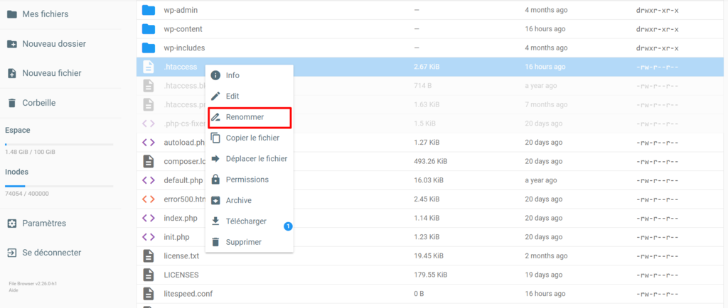 Renommer le fichier .htaccess sur hPanel.