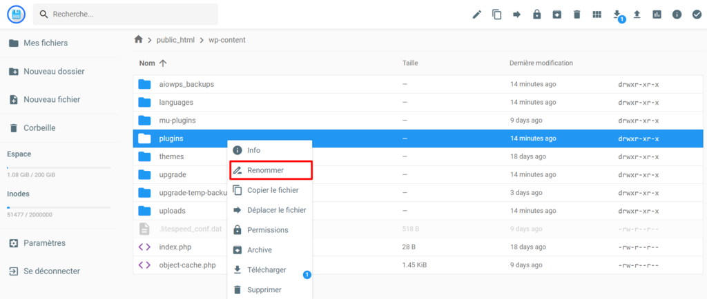 Renommer-le-fichier-plugins Renommer le fichier plugins dans l'interface du gestionnaire de fichiers d'Hostinger