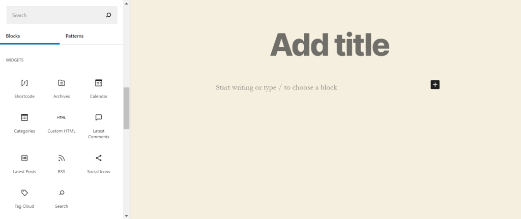 La section des widgets dans l'onglet de Gutenberg