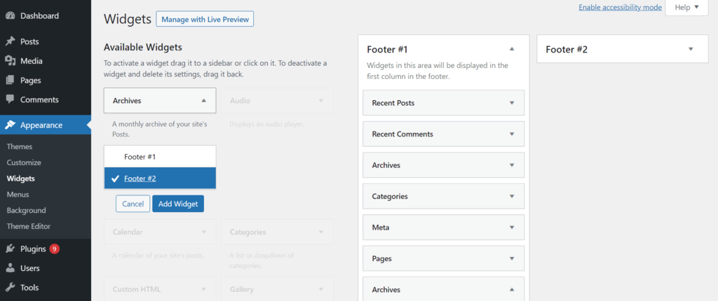 La zone des widgets dans le tableau de bord de WordPress