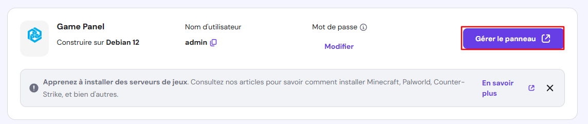 Le bouton Gérer le panneau dans l'hébergement de jeux de hPanel