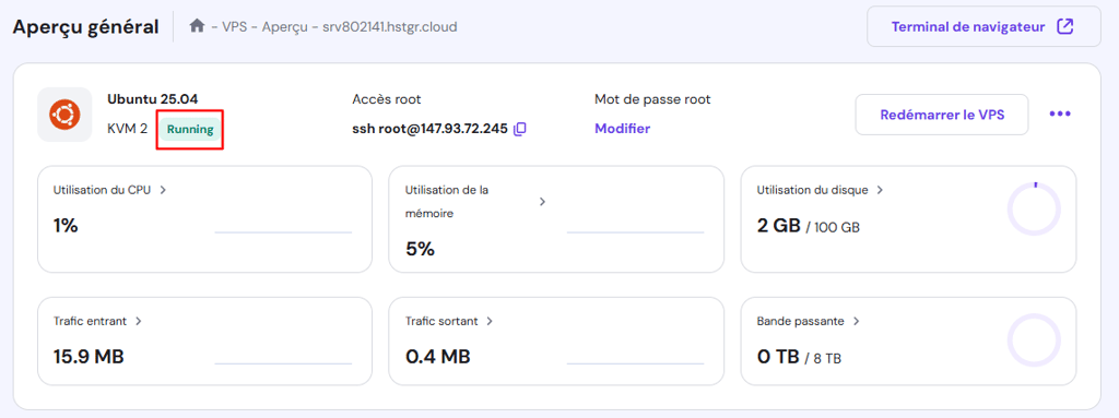 V&eacute;rifier que l'&eacute;tat du VPS est en cours d'ex&eacute;cution dans le tableau de bord VPS
