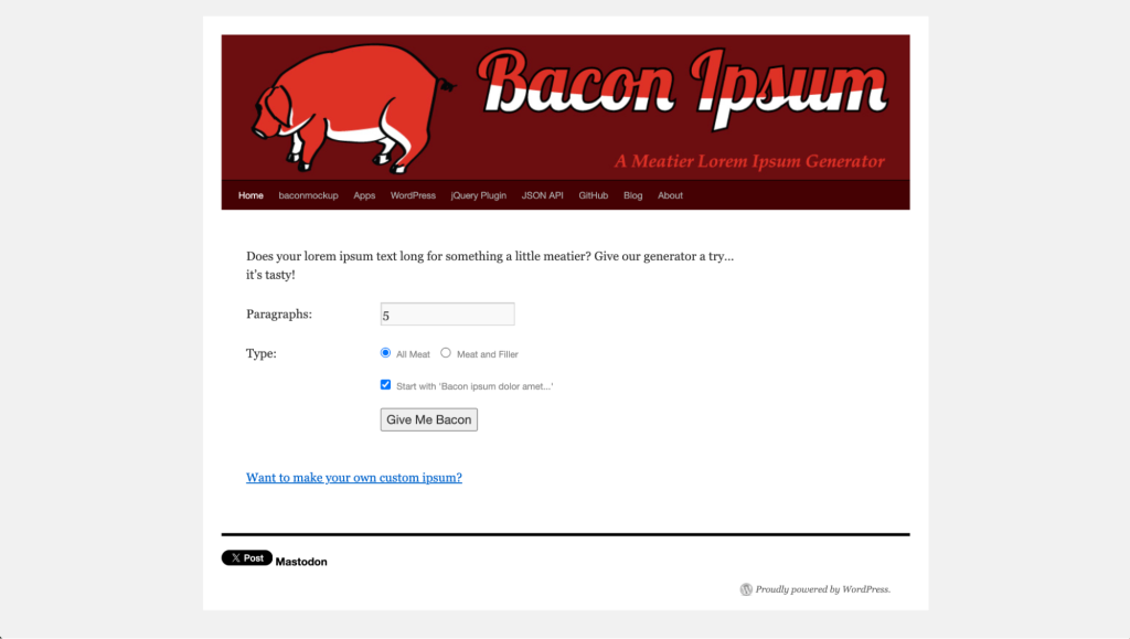 Page d’accueil de Bacon Ipsum