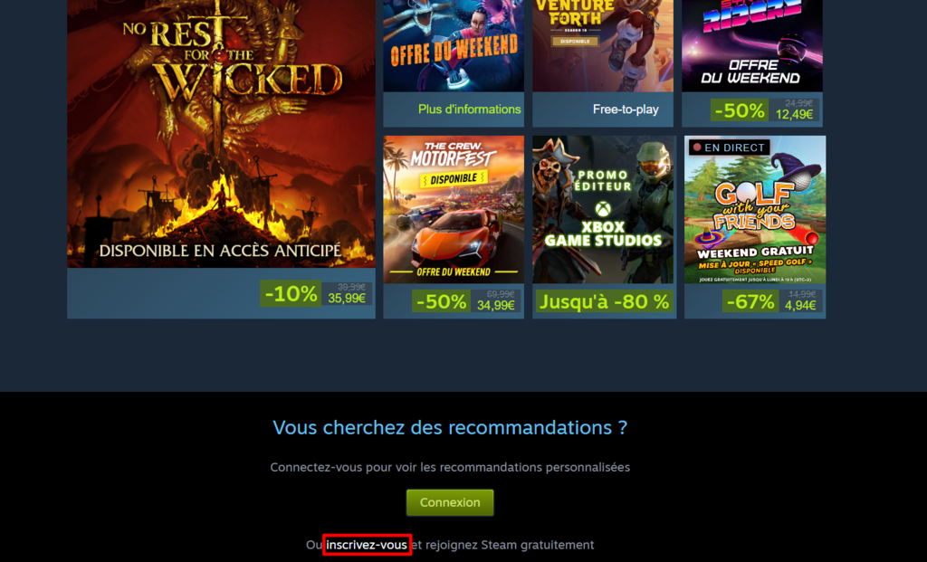 S&eacute;lectionner le bouton d'inscription pour enregistrer un compte Steam