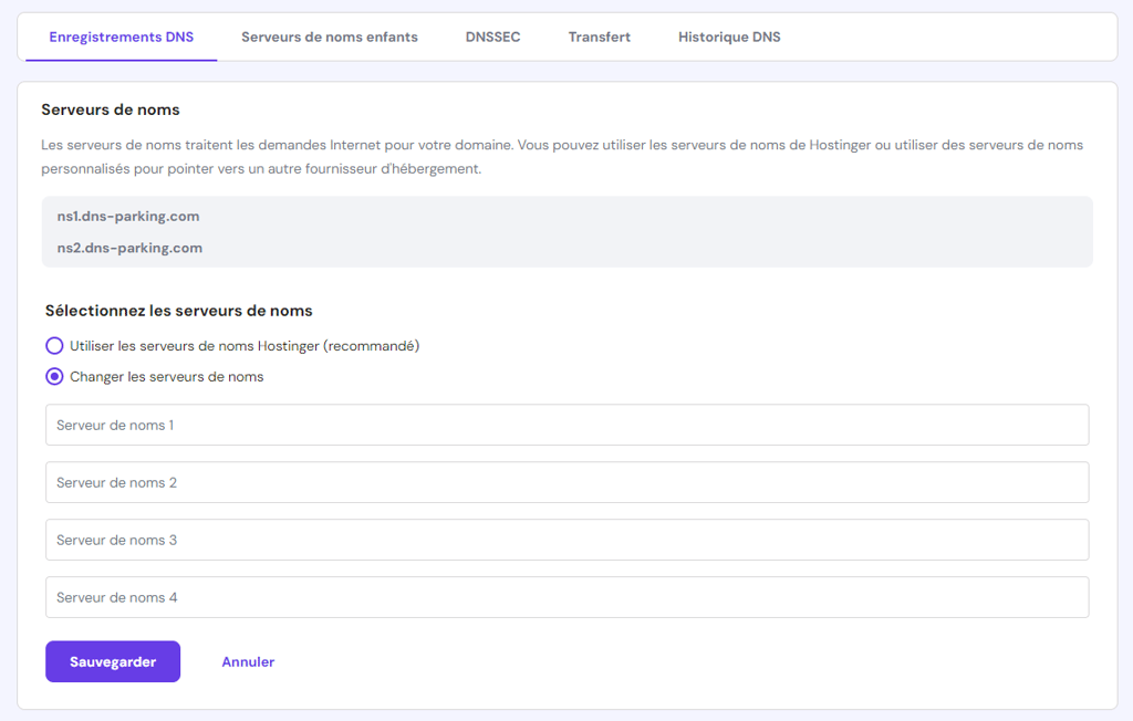 Menu de configuration des serveurs de noms dans hPanel