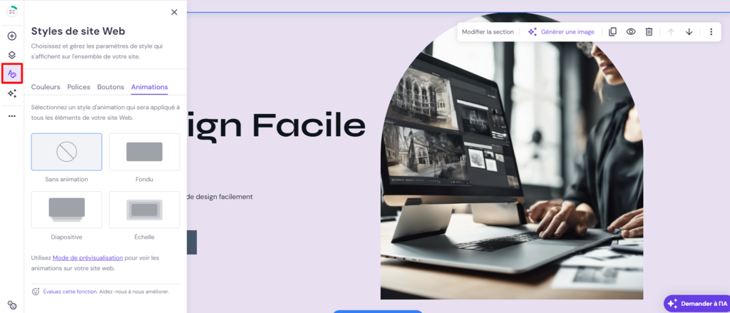Option de styles de site web dans le cr&eacute;ateur de sites web Hostinger