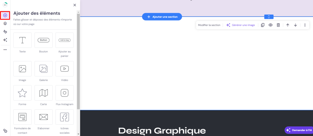 Interface du constructeur de sites Web Hostinger avec l'onglet &eacute;l&eacute;ments ouvert
