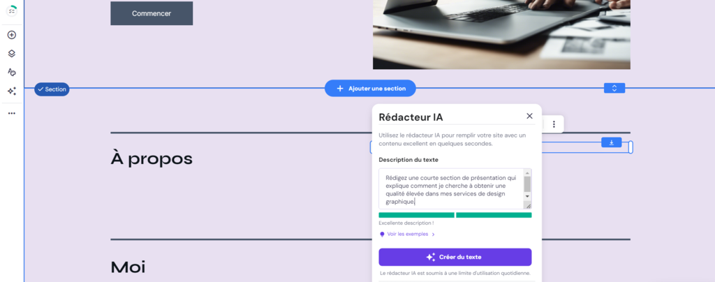 Outil de r&eacute;dacteur IA d'Hostinger