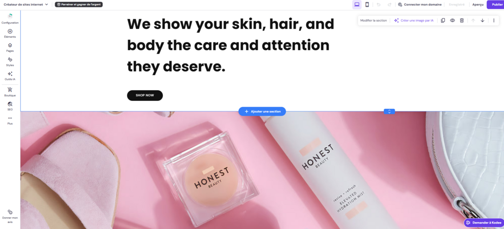 Le créateur de sites internet de Hostinger en action