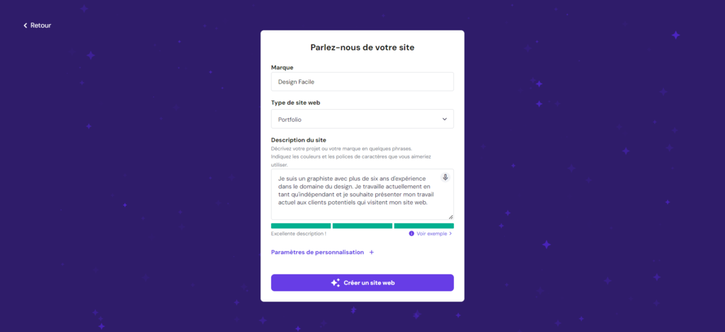 Formulaire d'installation du cr&eacute;ateur de site Web IA Hostinger