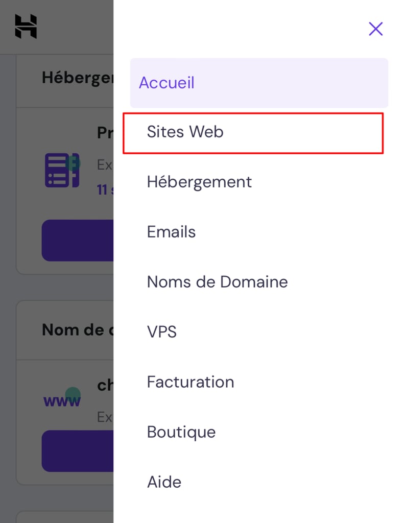 Menu de sites web mis en &eacute;vidence dans hPanel