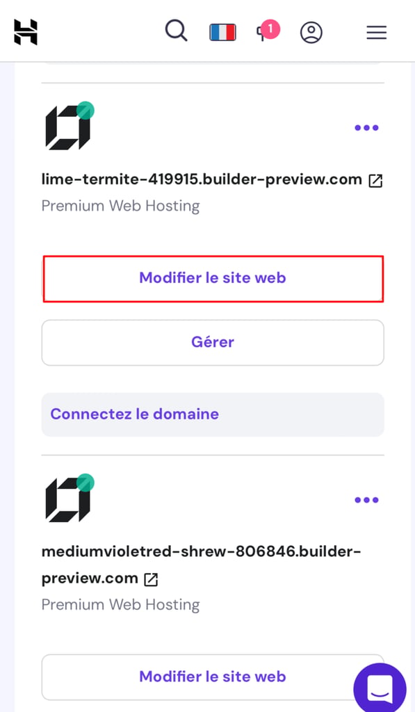 Bouton de modification du site web mis en &eacute;vidence dans le hPanel