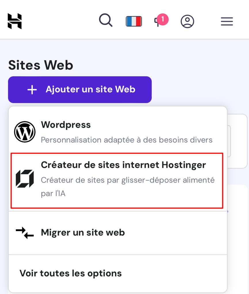 s&eacute;lectionner le cr&eacute;ateur de sites web Hostinger sur l'&eacute;diteur mobile 