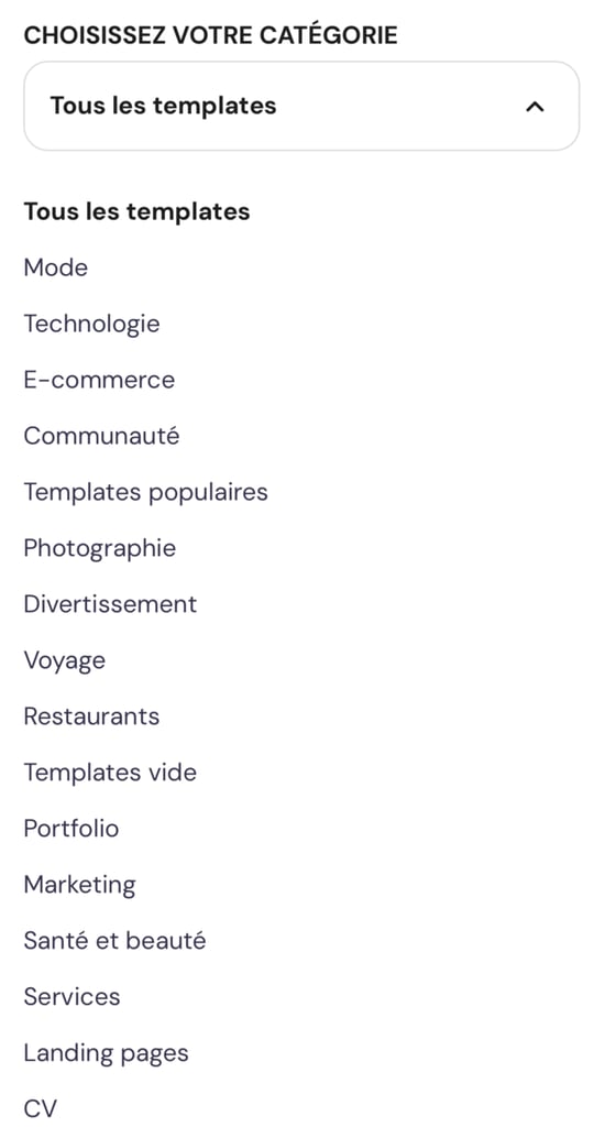 Tous les templates de l'&eacute;diteur mobile