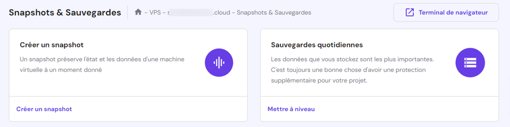 Acc&eacute;der au menu Snapshots et sauvegardes dans le tableau de bord VPS de hPanel
