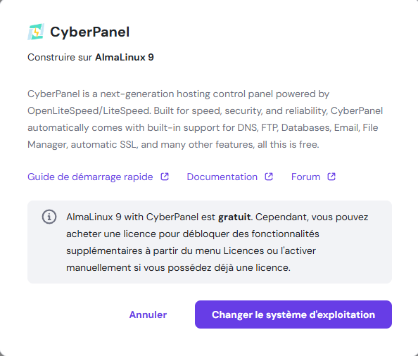 Le menu d'installation du système d'exploitation CyberPanel dans hPanel