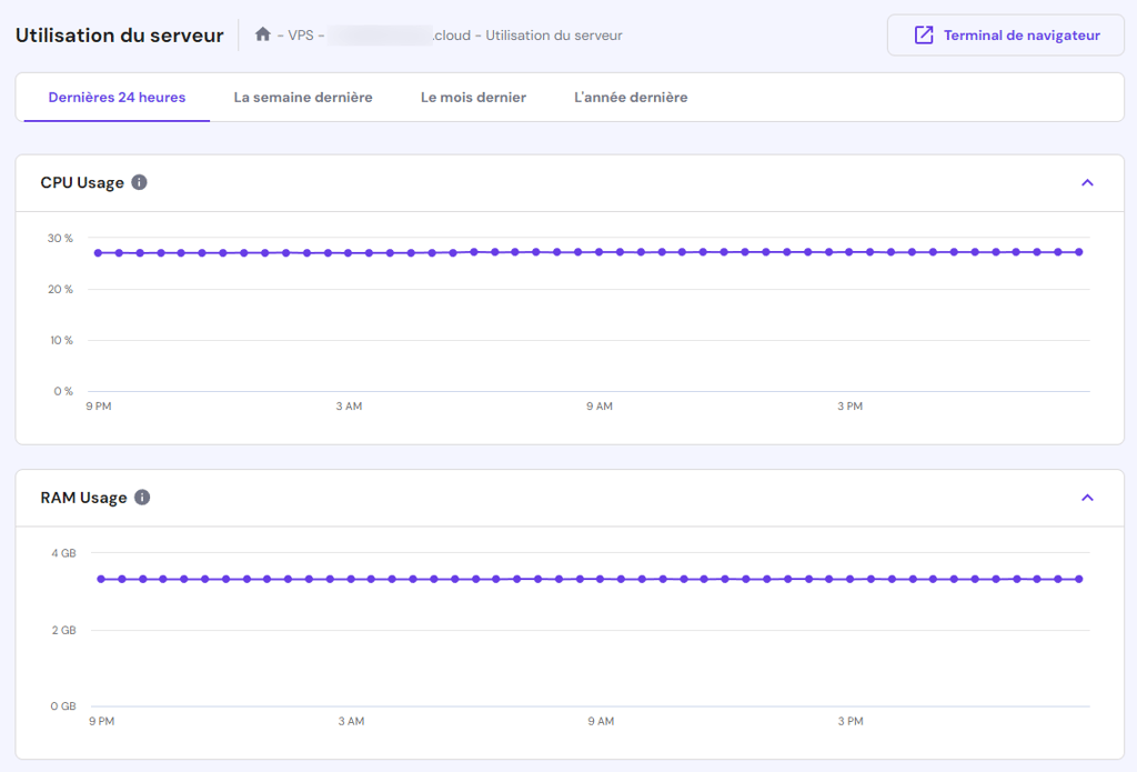 Acc&eacute;der au menu Utilisation du serveur dans le tableau de bord de hPanel