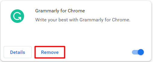 Le bouton « Supprimer » dans les paramètres des extensions de Google Chrome.