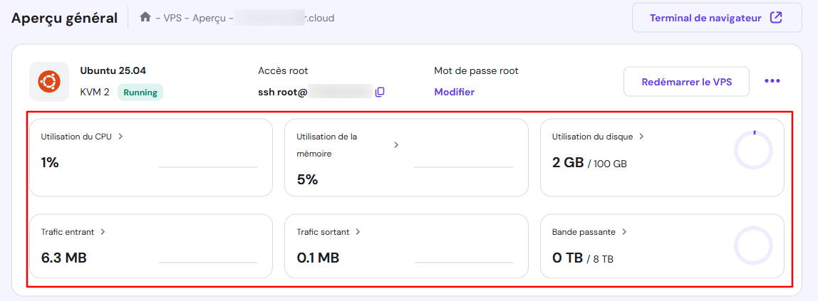 Moniteur de ressources Hostinger VPS dans hPanel