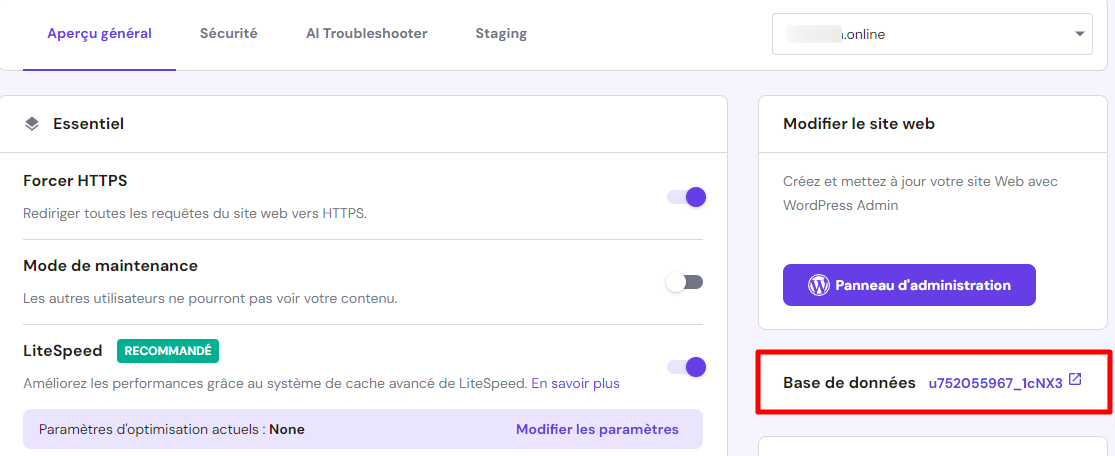 Onglet Aperçu général de WordPress dans hPanel, mettant en évidence le nom de la base de données du site