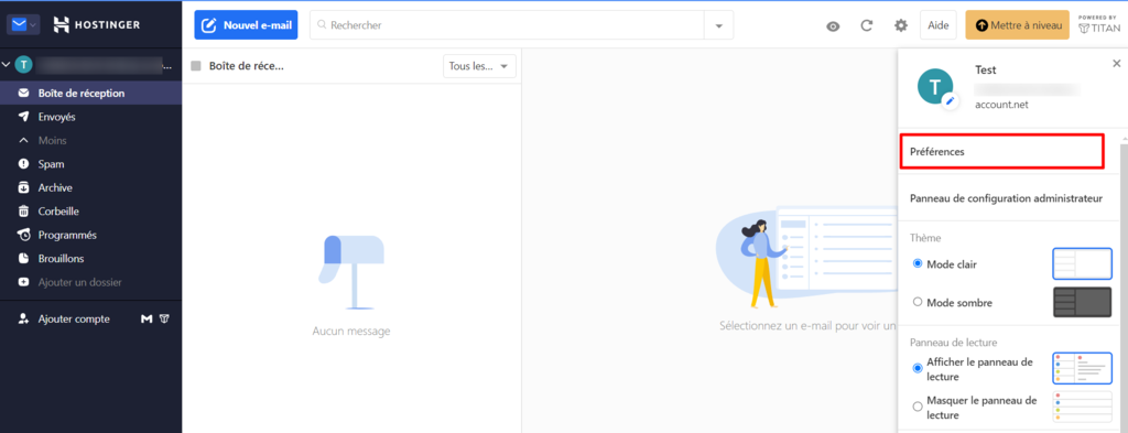 Tableau de bord du webmail Titan