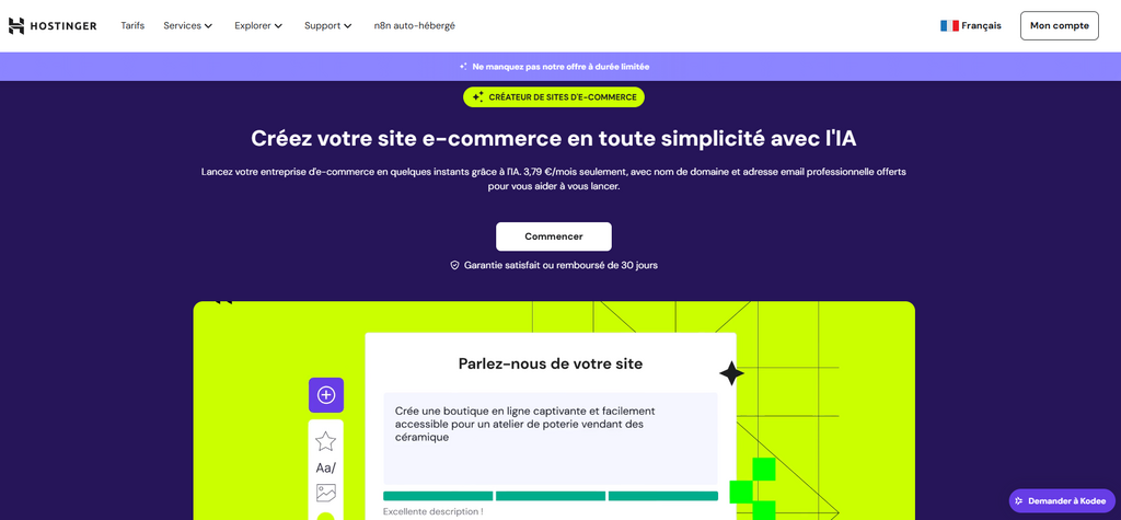 Landing page du créateur de site e-commerce de Hostinger