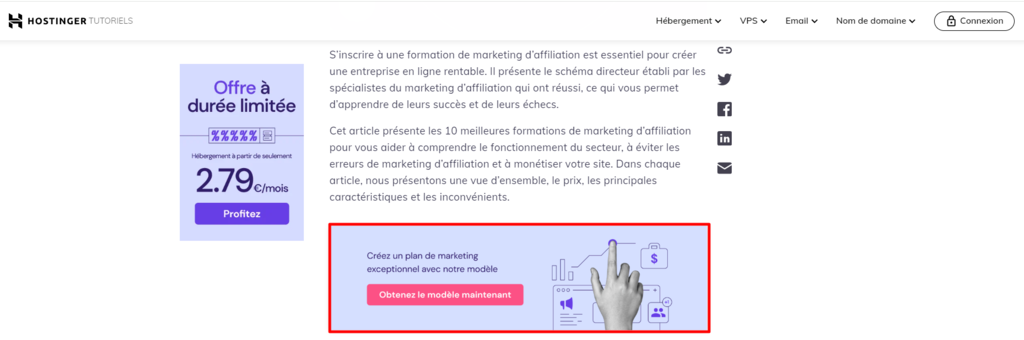 Un lead magnet sur l'article de blog du tutoriel Hostinger