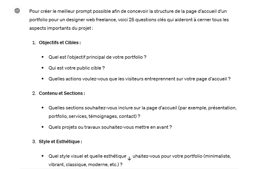 Exemple de questions que ChatGPT peut poser pour aider &agrave; sugg&eacute;rer une structure de site web