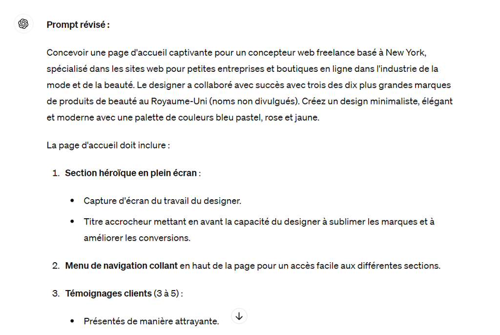 Exemple d'une invite de conception web r&eacute;vis&eacute;e pour ChatGPT