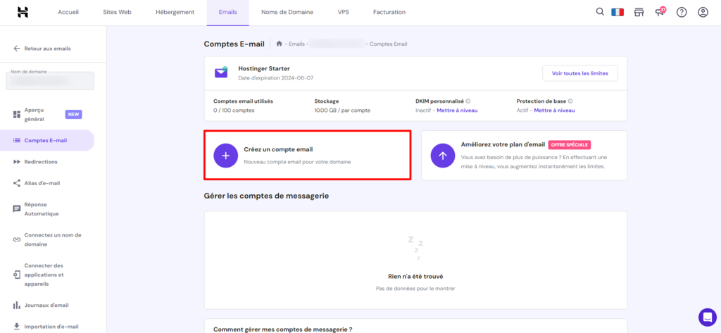 Section emails dans hPanel pour le domaine associ&eacute;