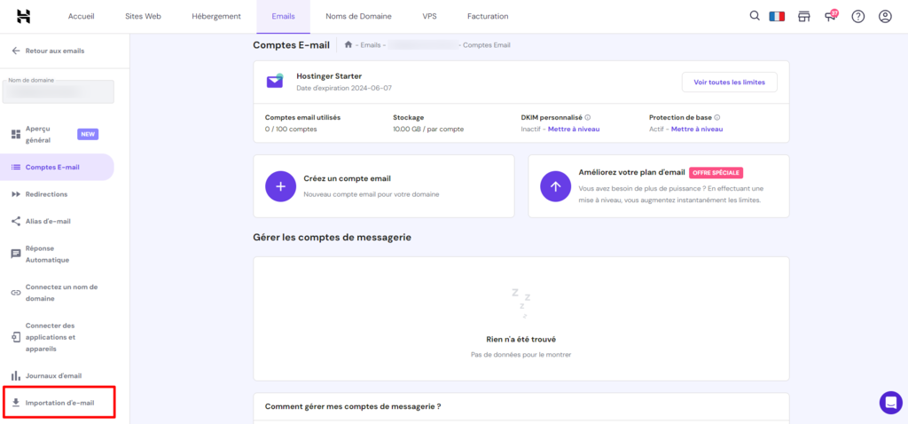 Tableau de bord Hostinger avec l'option Importation d'emails mise en &eacute;vidence