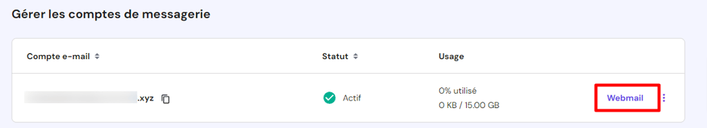 Onglet G&eacute;rer les comptes de messagerie dans hPanel