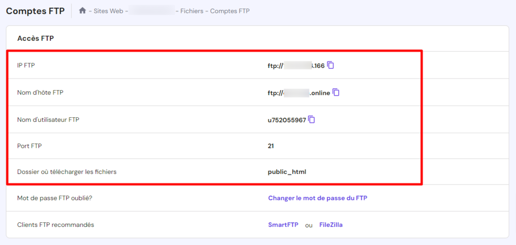 Accéder à la page des comptes FTP sur hPanel