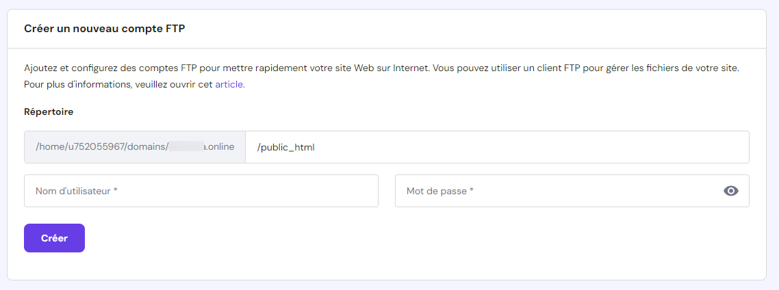 Créer un nouveau compte FTP sur hPanel